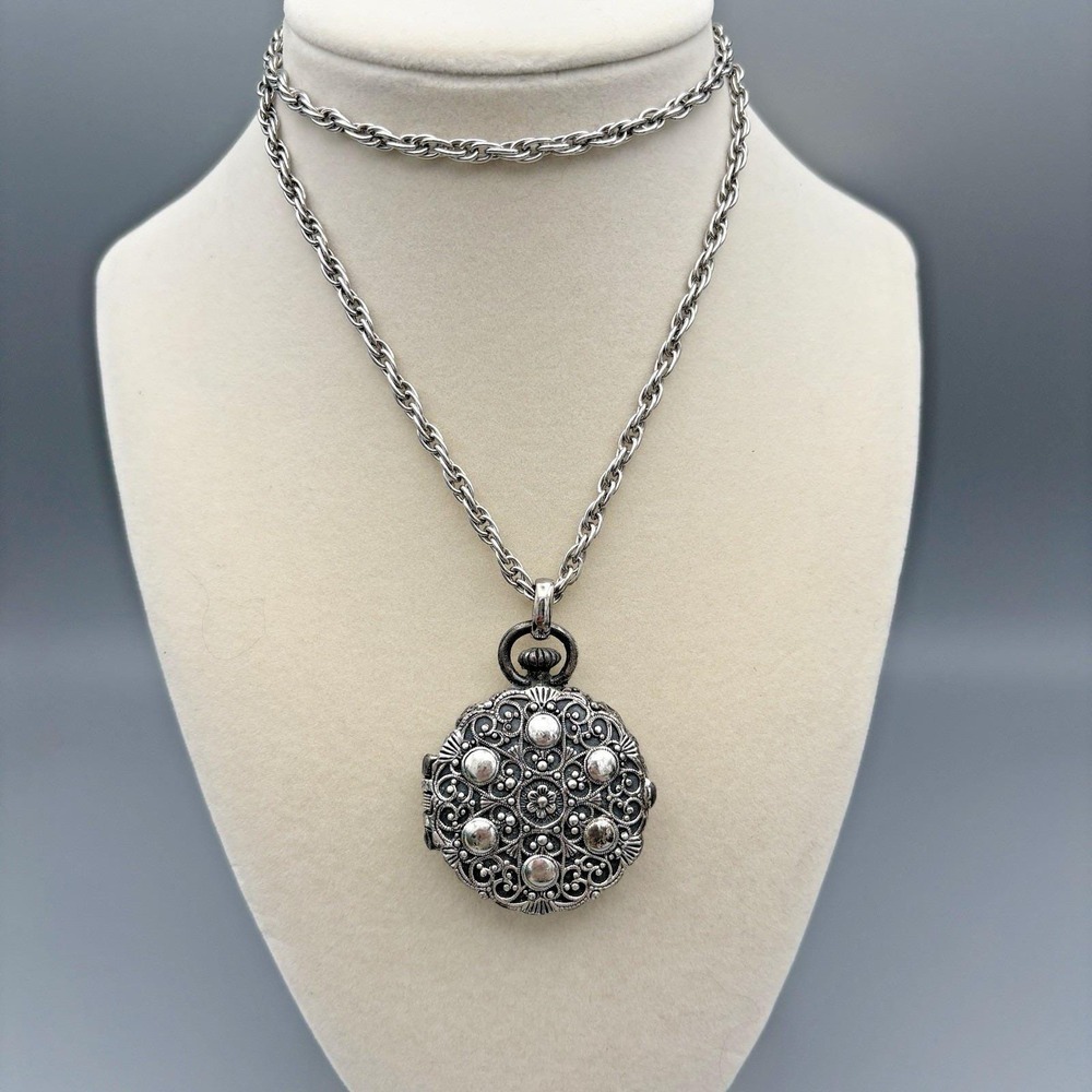 Vintage Napier Locket Necklace Silvertone "Pocket Watch" Pendant